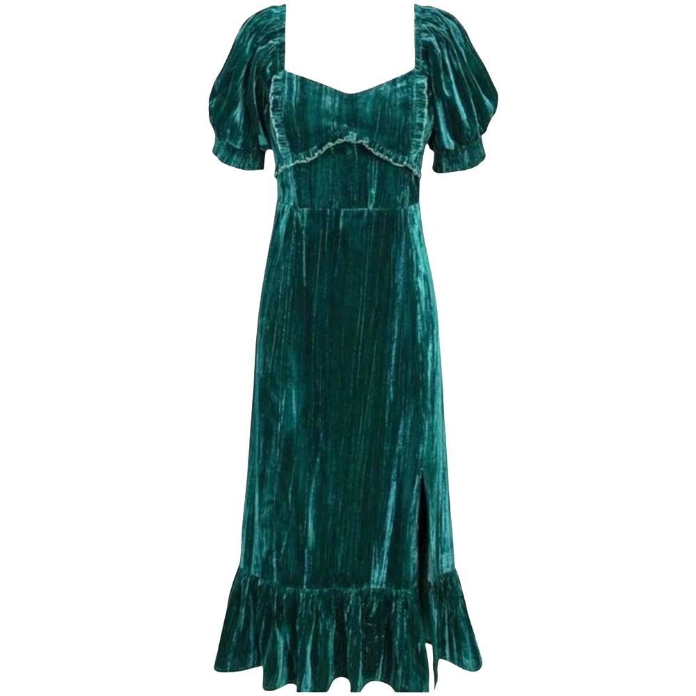Adelyn Rae Whimsigoth Green Velvet Smocked Babydoll Midi Dress Size S Cottage